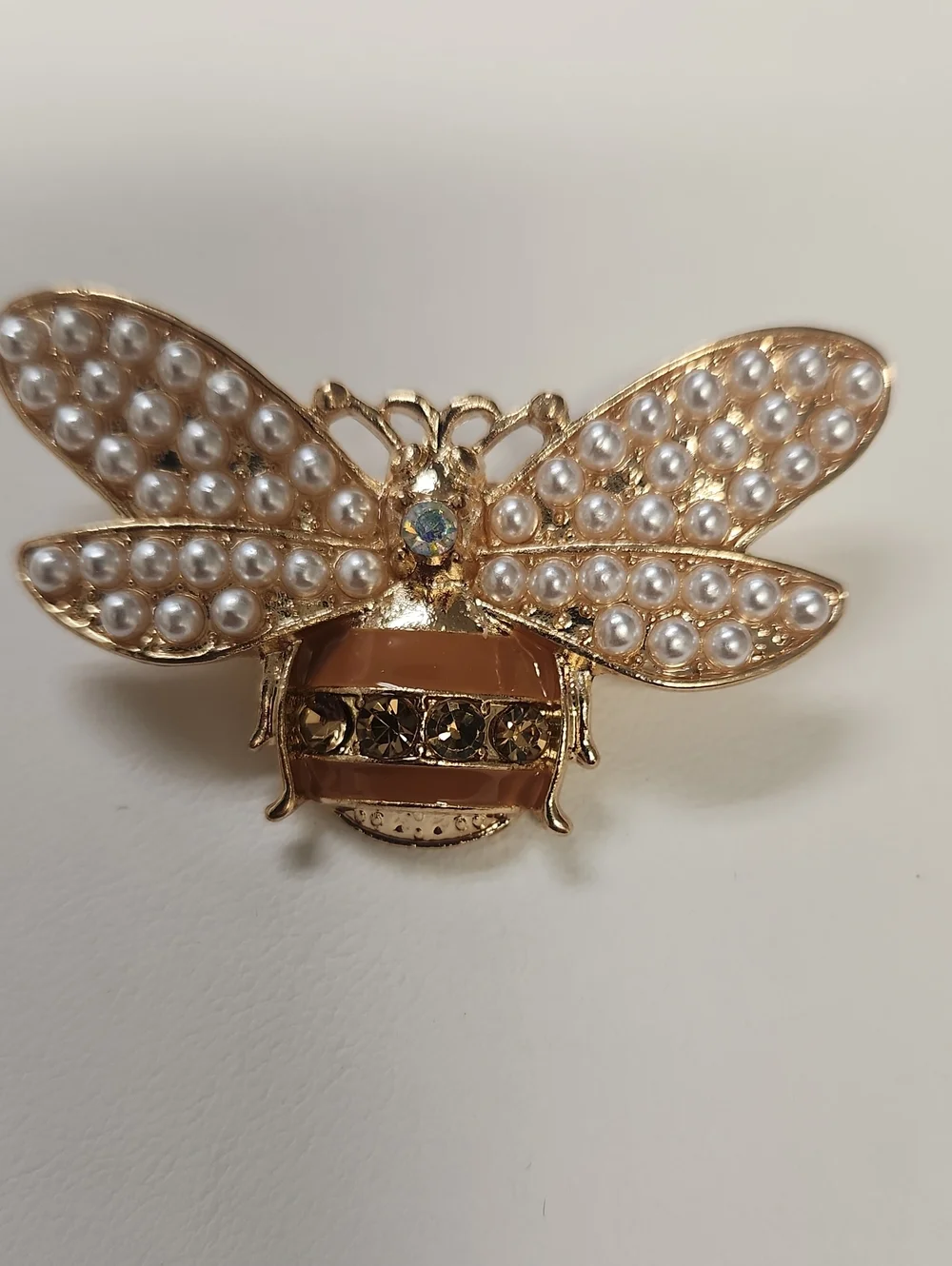 Gold Bee Brooch with White Pearls and Amber Accents